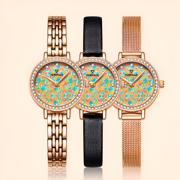 Mark Fairwhale CHROMA FW-3200 women’s watch with gold, leather, and mesh straps.