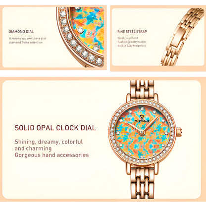 Mark Fairwhale CHROMA FW-3200 watch showing the colorful opal dial and crystal bezel.
