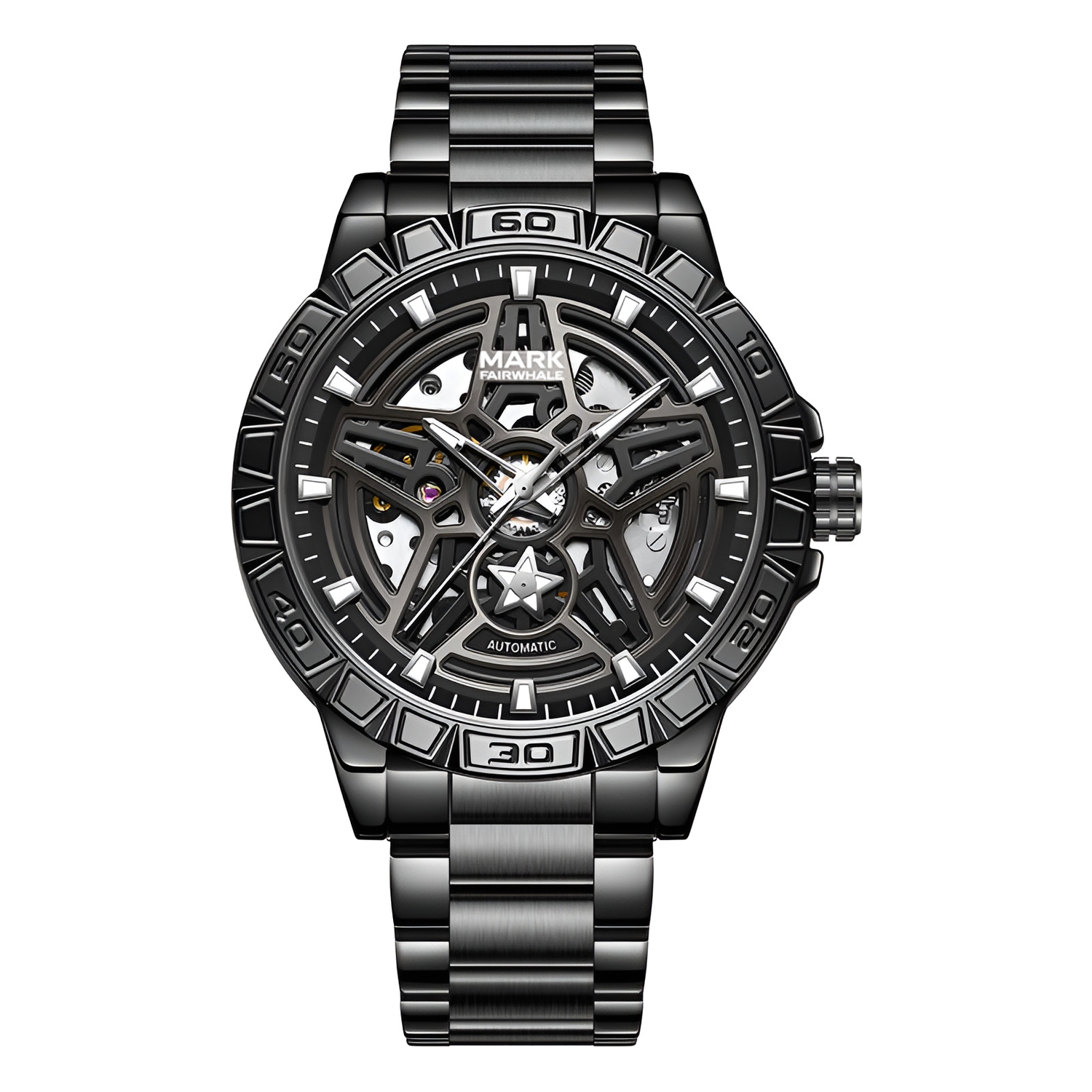 Mark Fairwhale FW 6027 skeleton automatic watch with black mechanical watch with detailed design on a white background