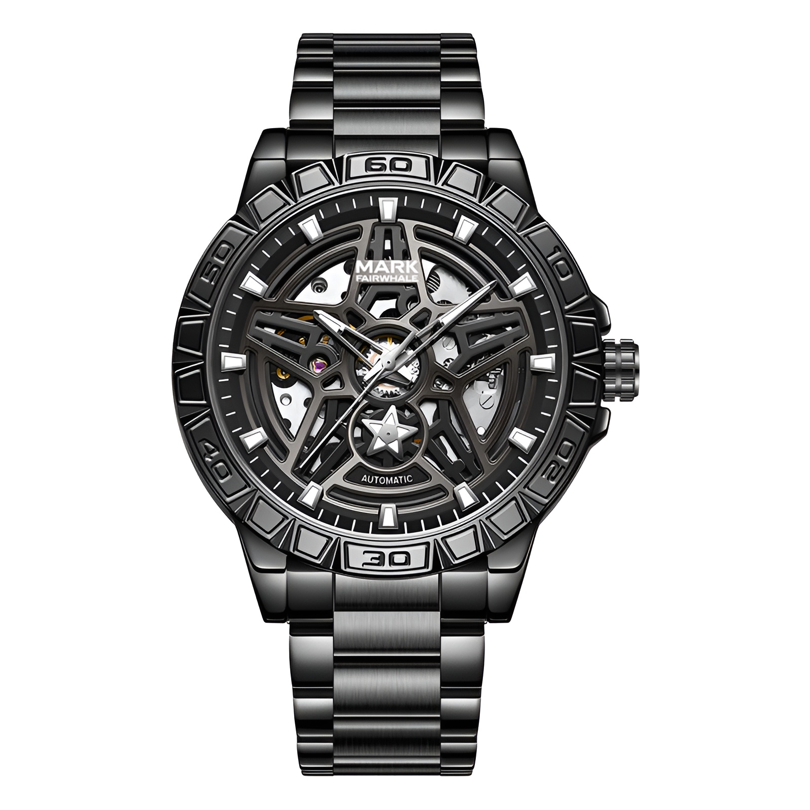 Mark Fairwhale FW 6027 skeleton automatic watch with black mechanical watch with detailed design on a white background