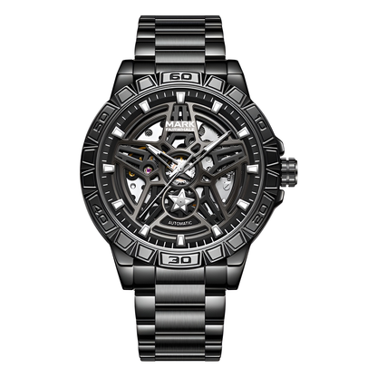 Mark Fairwhale FW 6027 skeleton automatic watch with black mechanical watch with detailed design on a white background