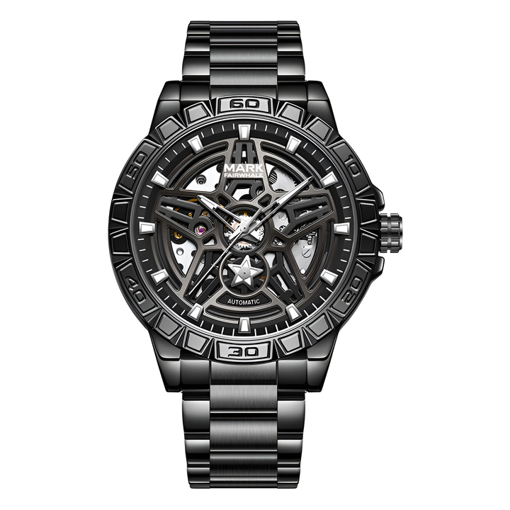 Mark Fairwhale FW 6027 skeleton automatic watch with black mechanical watch with detailed design on a white background