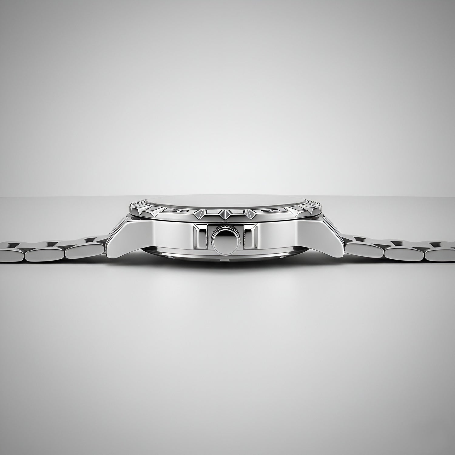 Mark Fairwhale FW 6027 skeleton automatic watch - Close-up of a silver watch on a light gray background