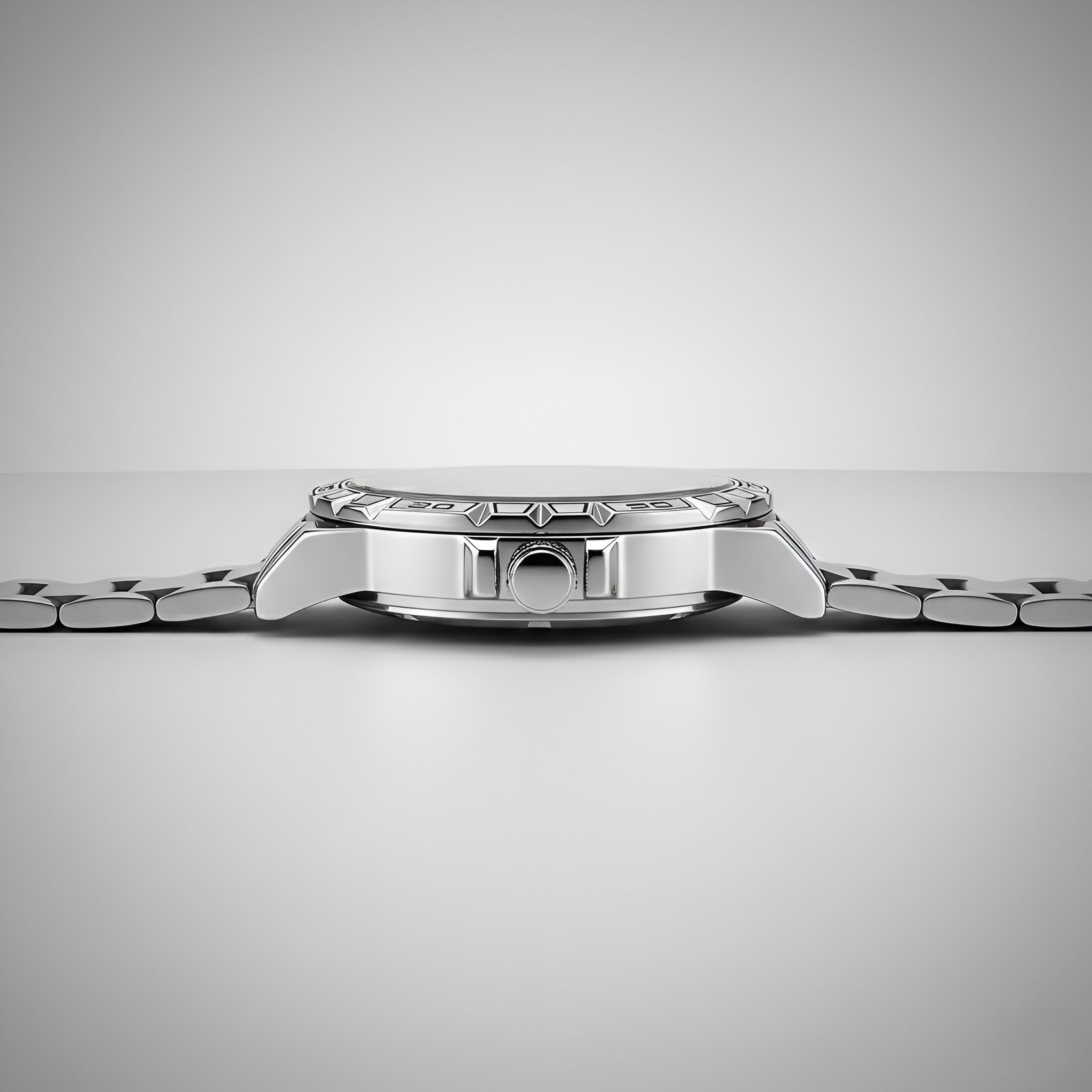 Mark Fairwhale FW 6027 skeleton automatic watch - Close-up of a silver watch on a light gray background