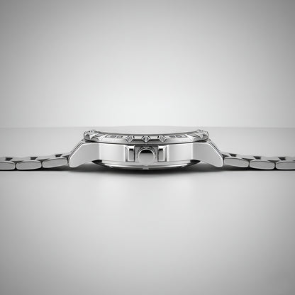 Mark Fairwhale FW 6027 skeleton automatic watch - Close-up of a silver watch on a light gray background