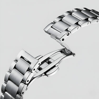 Mark Fairwhale FW 6027 skeleton automatic watch - Close-up of a silver watch band on a light gray background