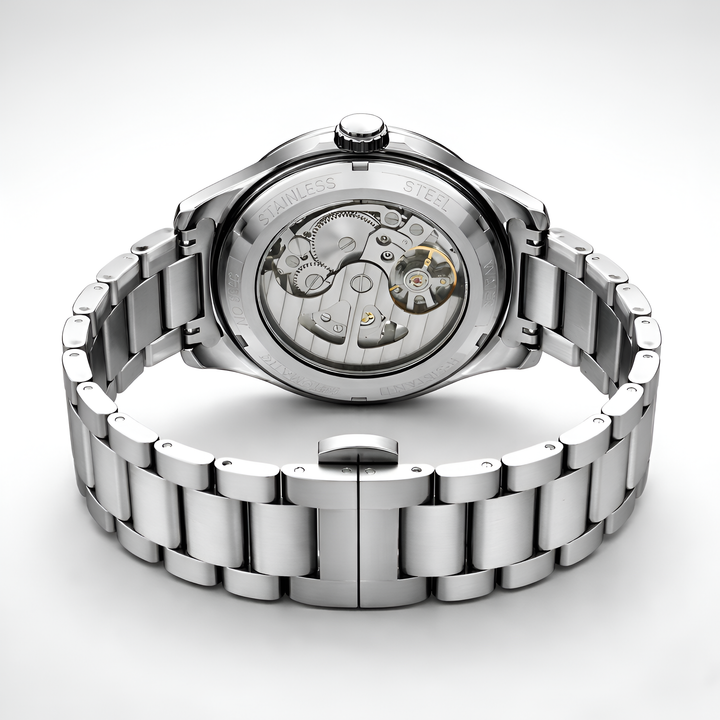 Mark Fairwhale FW 6027 skeleton automatic watch - Silver watch with mechanical components on a white background