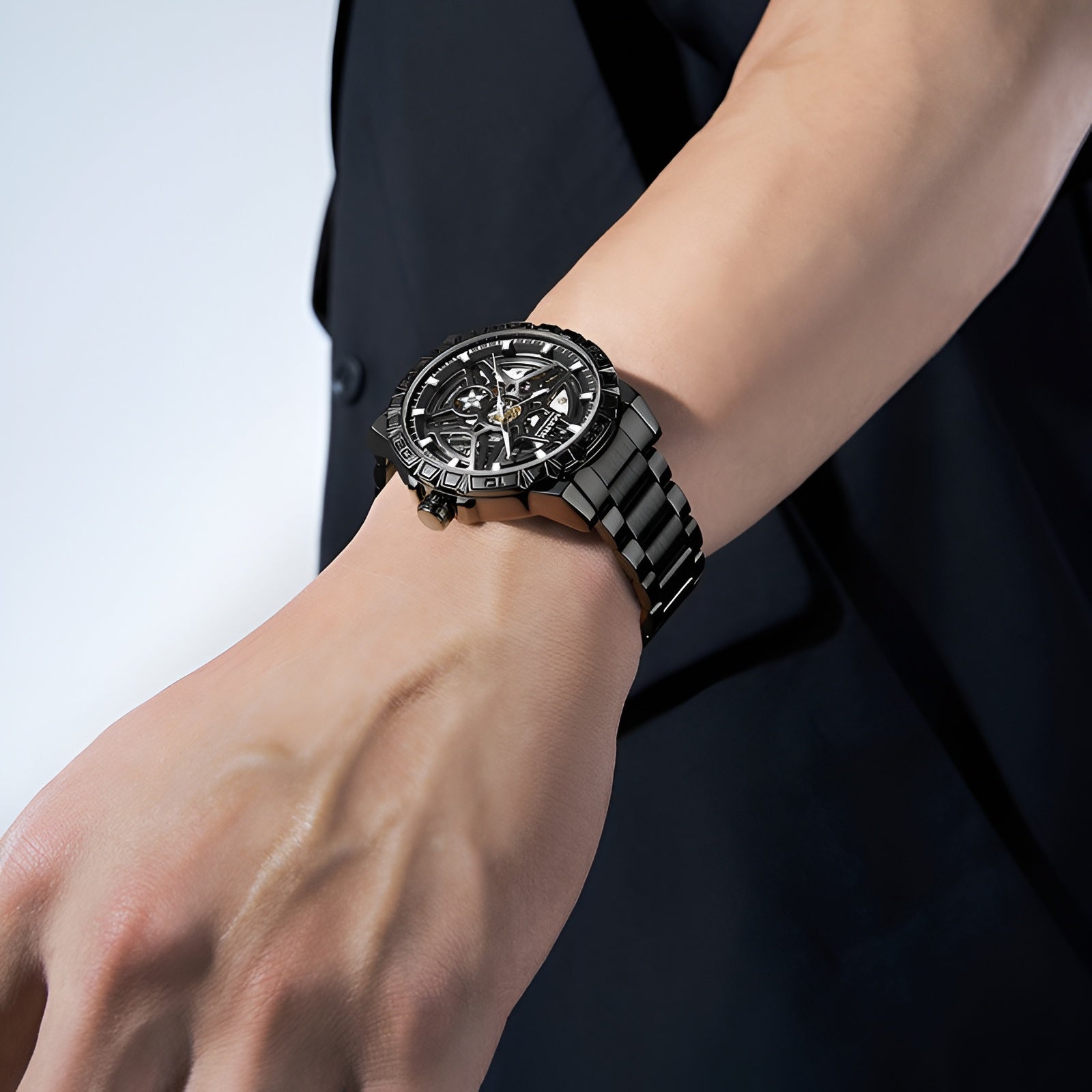 Men’s skeleton automatic watch Mark Fairwhale FW 6027 highlighting case presence and mechanical dial depth