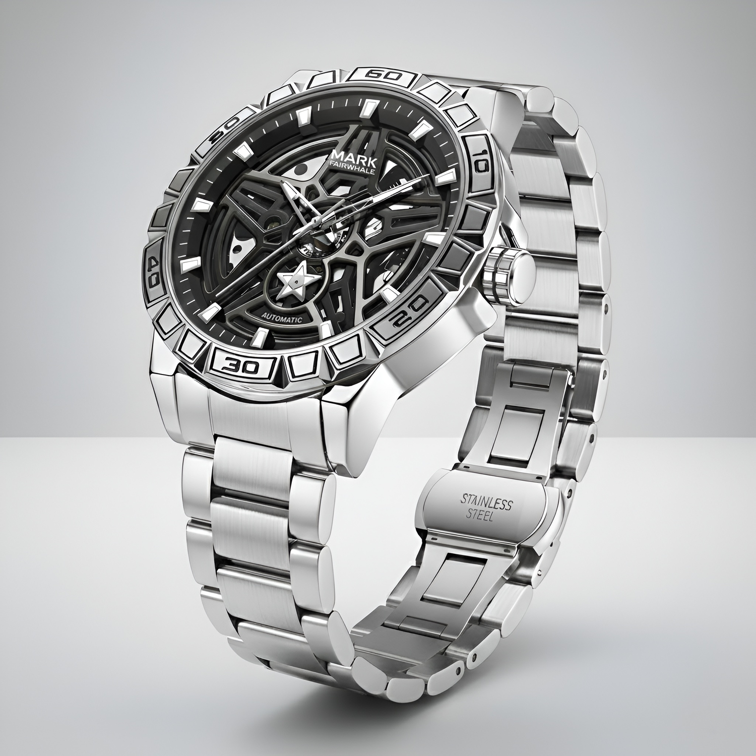 Mark Fairwhale FW 6027 skeleton automatic watch- Silver wristwatch with detailed face on a light gray background