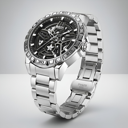 Mark Fairwhale FW 6027 skeleton automatic watch- Silver wristwatch with detailed face on a light gray background