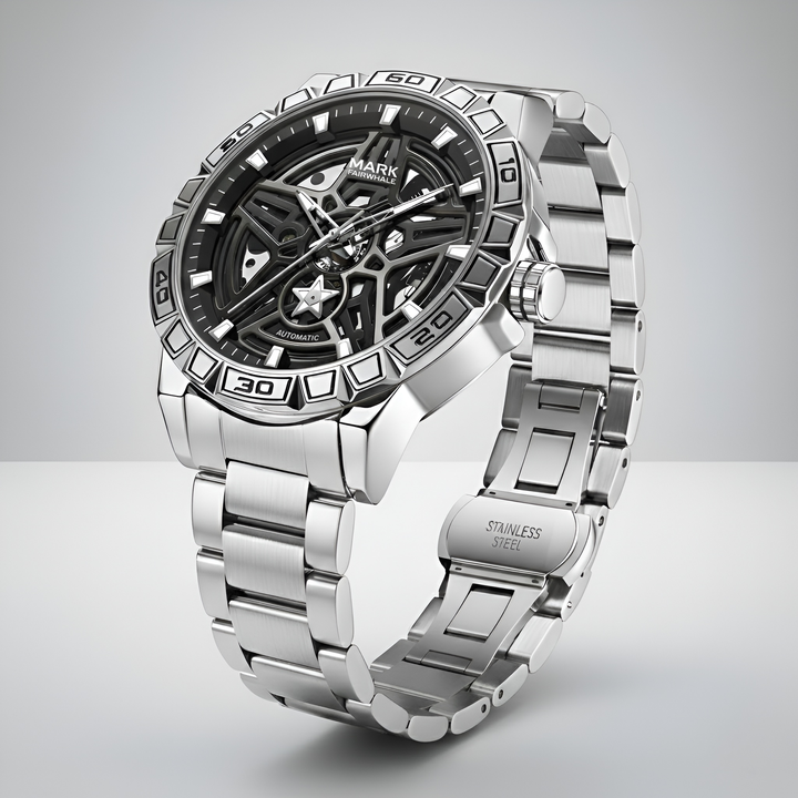 Mark Fairwhale FW 6027 skeleton automatic watch- Silver wristwatch with detailed face on a light gray background