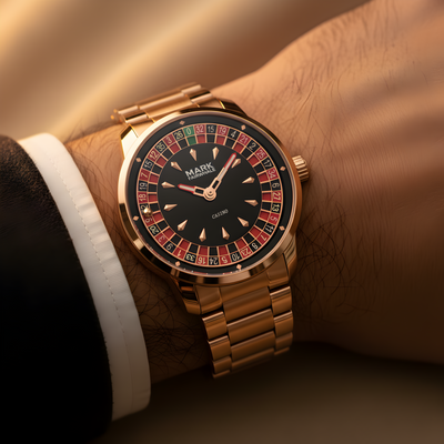 Mark Fairwhale 5031 CASINO rose gold luxury men’s watch with roulette-inspired dial, shown on wrist in a casino lifestyle setting.