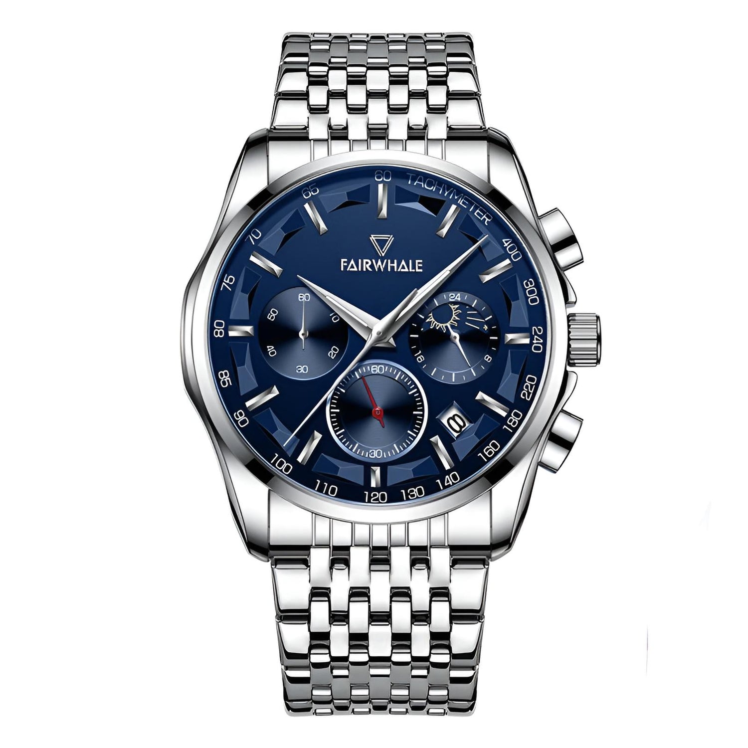 Mark Fairwhale AURION FW-5370 moon phase chronograph watch close-up with water droplets highlighting stainless steel case