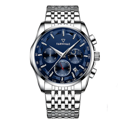 Mark Fairwhale AURION FW-5370 moon phase chronograph watch close-up with water droplets highlighting stainless steel case