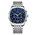 Mark Fairwhale AURION FW-5370 moon phase chronograph watch close-up with water droplets highlighting stainless steel case