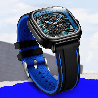 Mark Fairwhale BROOKEN FW-6410 square skeleton dial watch with black and blue hybrid strap