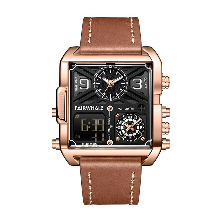 Mark Fairwhale QUADRA 4380 retro square analog-digital men’s watch with leather strap and stainless steel case