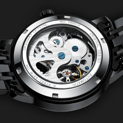 Mark Fairwhale THERIX Obsidian Frame – Black skeleton dial tourbillon automatic watch for men with stainless steel bracelet