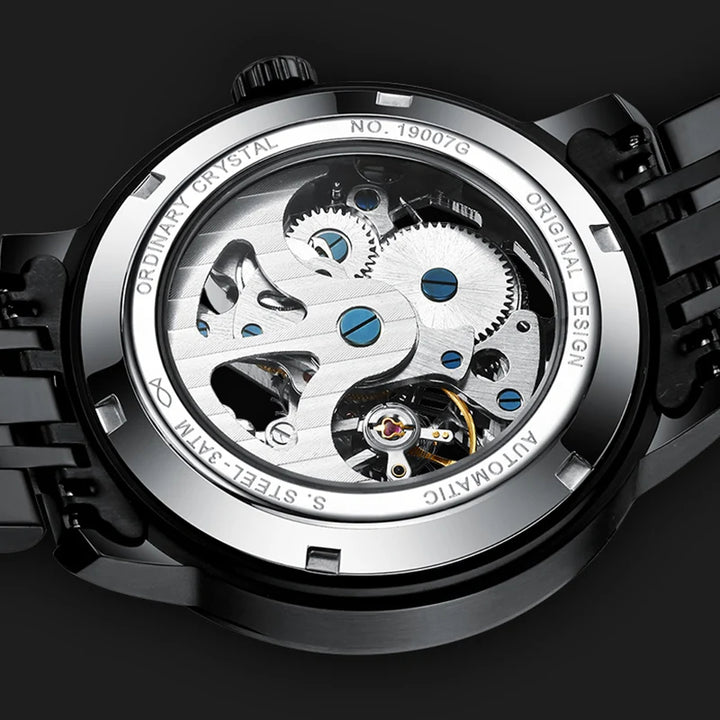 Mark Fairwhale THERIX Obsidian Frame – Black skeleton dial tourbillon automatic watch for men with stainless steel bracelet