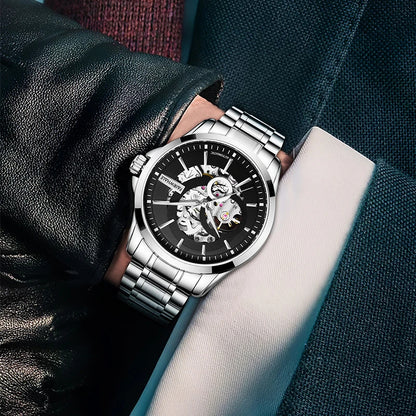 Mark Fairwhale VARTEXI Apex Steel – Silver-tone automatic skeleton tourbillon watch for men with luminous dial and stainless steel bracelet