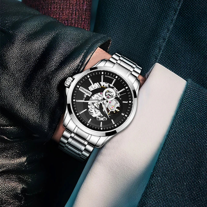 Mark Fairwhale VARTEXI Apex Steel – Silver-tone automatic skeleton tourbillon watch for men with luminous dial and stainless steel bracelet