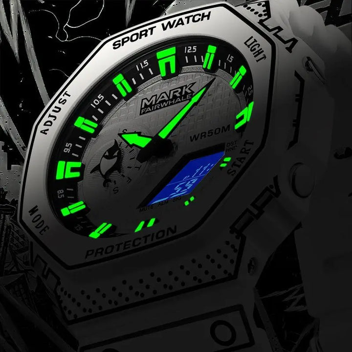 Mark Fairwhale 7210 NEXXO men’s square chronograph watch in white with analog-digital display and silicone strap, luxury sport design.
