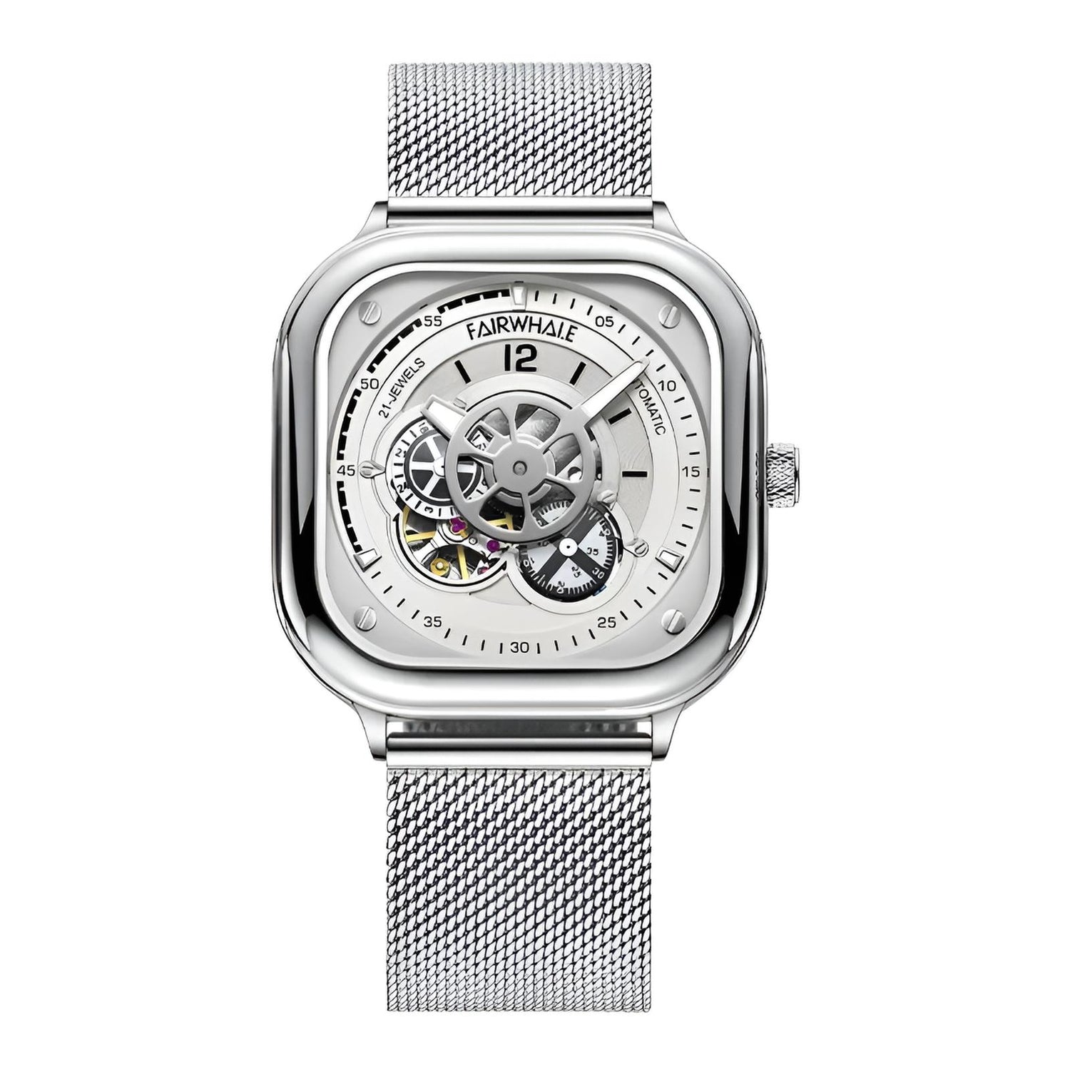 Mark Fairwhale AUREOXIS Luminar – Silver-tone automatic watch with luminous hands and open-heart movement, minimalist square design for men