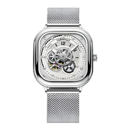 Mark Fairwhale AUREOXIS Luminar – Silver-tone automatic watch with luminous hands and open-heart movement, minimalist square design for men