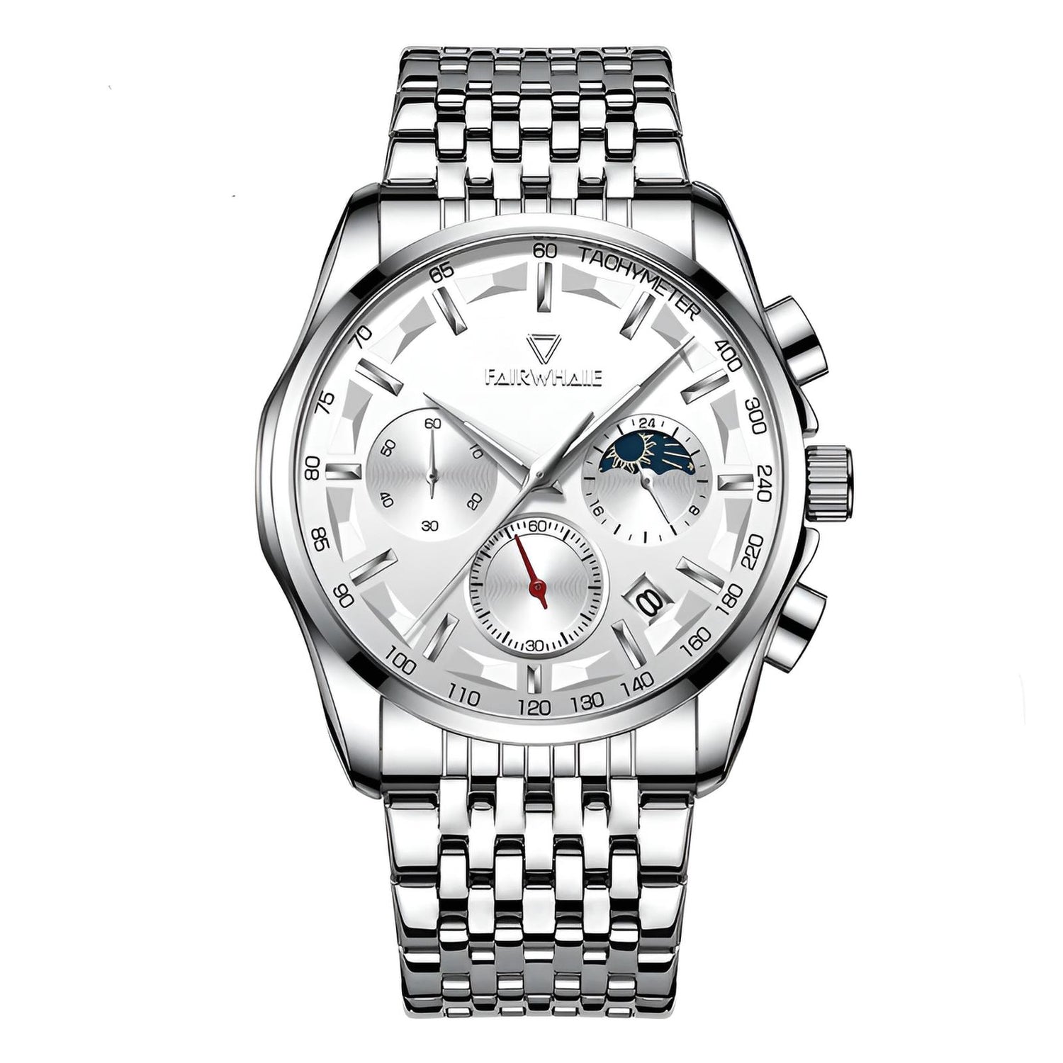 Mark Fairwhale AURION FW-5370 moon phase chronograph watch close-up with water droplets highlighting stainless steel case