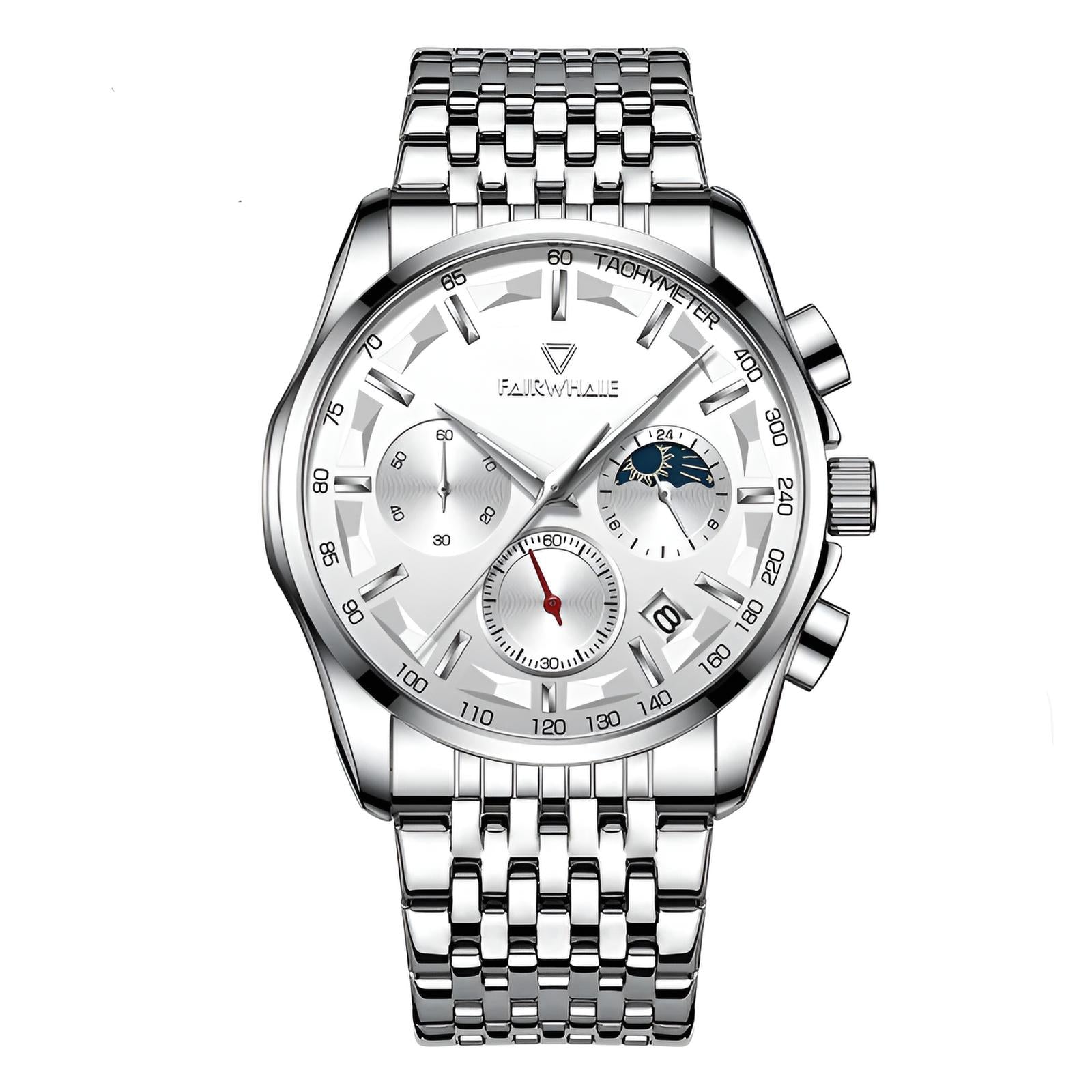 Mark Fairwhale AURION FW-5370 moon phase chronograph watch close-up with water droplets highlighting stainless steel case