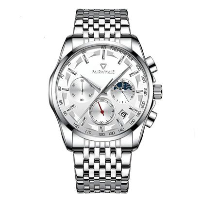 Mark Fairwhale AURION FW-5370 moon phase chronograph watch close-up with water droplets highlighting stainless steel case