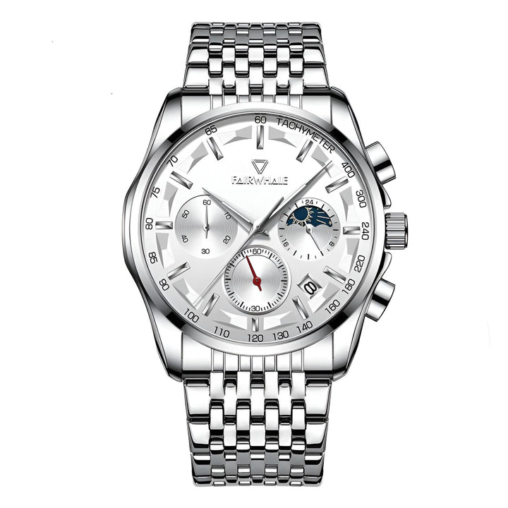 Mark Fairwhale AURION FW-5370 moon phase chronograph watch close-up with water droplets highlighting stainless steel case