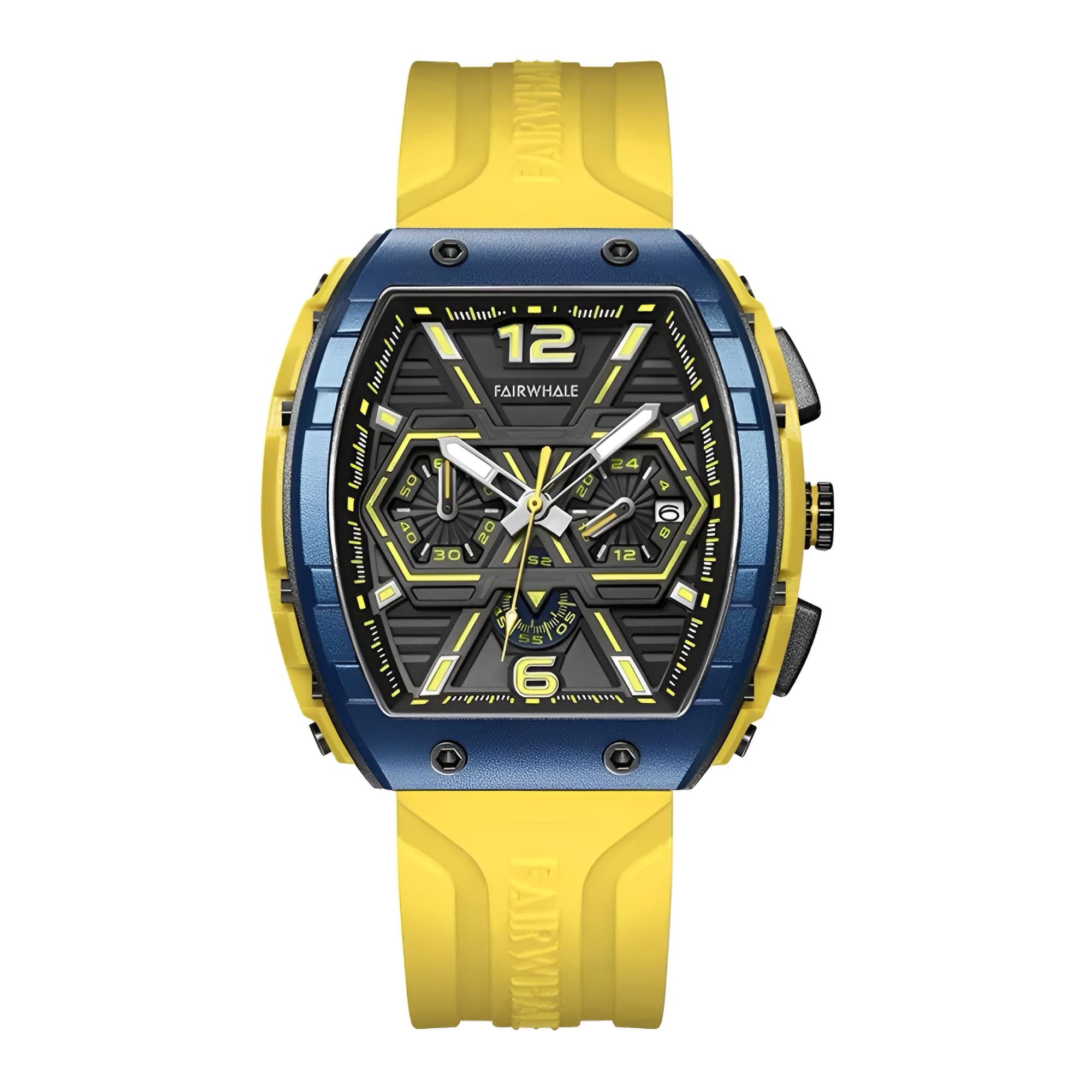 Mark Fairwhale CLIREDOX FW-5560, the geometric chronograph sub-dials and luminous green markers quartz movement, and 30-meter water resistance