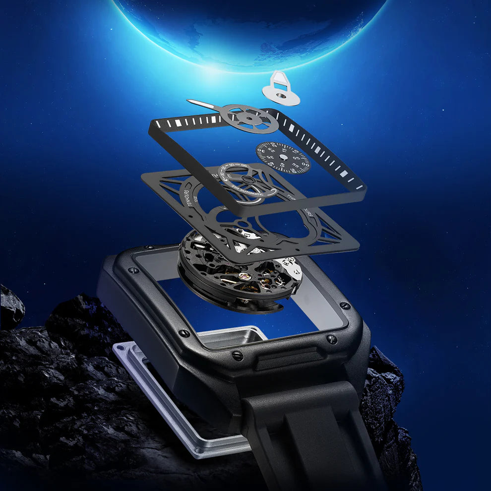 Mark Fairwhale TRENIX Obsidian Drive – Black stainless steel skeleton watch for men with high-grip silicone strap &amp; luminous display