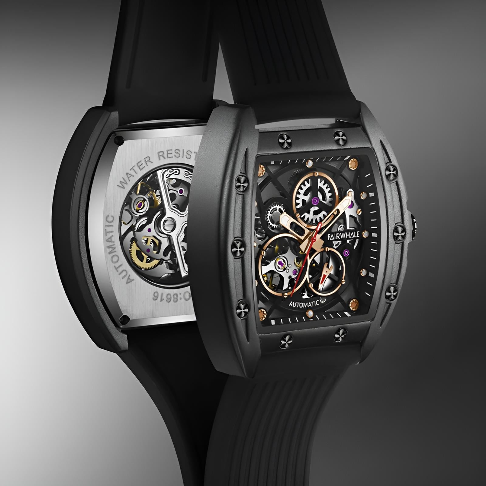 Mark Fairwhale VORTAC Obsidian Core – Obsidian Core accent skeleton tourbillon automatic watch for men with tonneau case and rubber strap