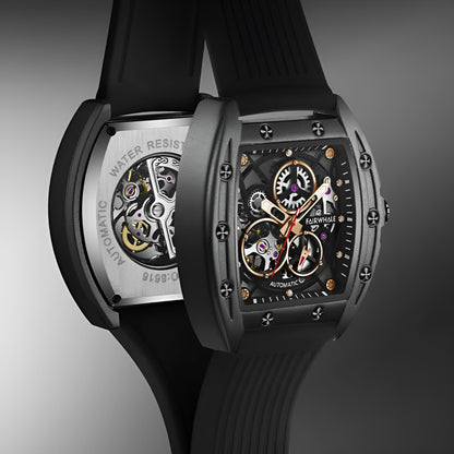 Mark Fairwhale VORTAC Obsidian Core – Obsidian Core accent skeleton tourbillon automatic watch for men with tonneau case and rubber strap