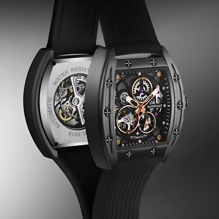 Mark Fairwhale VORTAC Obsidian Core – Obsidian Core accent skeleton tourbillon automatic watch for men with tonneau case and rubber strap