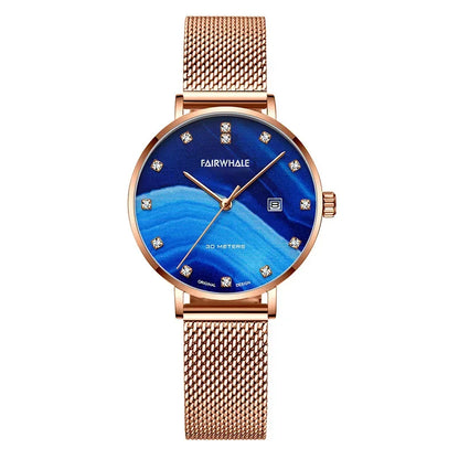 Mark Fairwhale ELARIA FW-3240 women’s quartz watch with blue diamond dial and rose gold mesh strap.