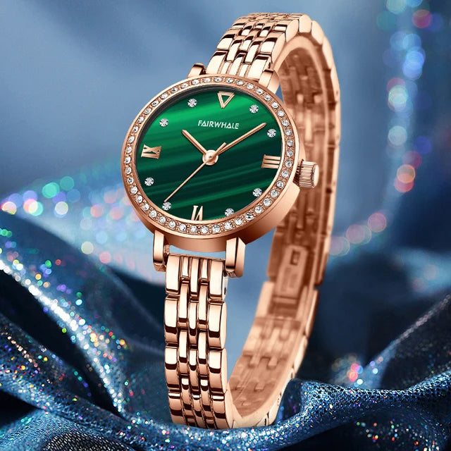 Mark Fairwhale 3250 LUNAERA quartz watch showing rose gold crown, starry green dial, and crystal-embellished bezel for luxury detailing
