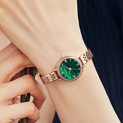 Mark Fairwhale 3250 LUNAERA quartz watch showing rose gold crown, starry green dial, and crystal-embellished bezel for luxury detailing