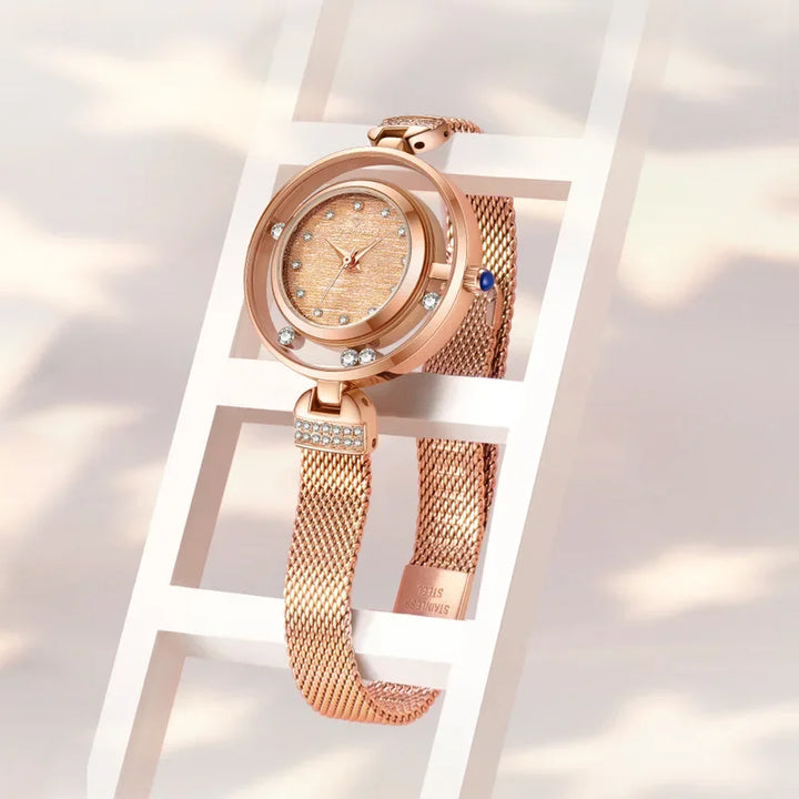 Mark Fairwhale 3260 AURELIA luxury women’s quartz watch with champagne dial and rose gold mesh bracelet