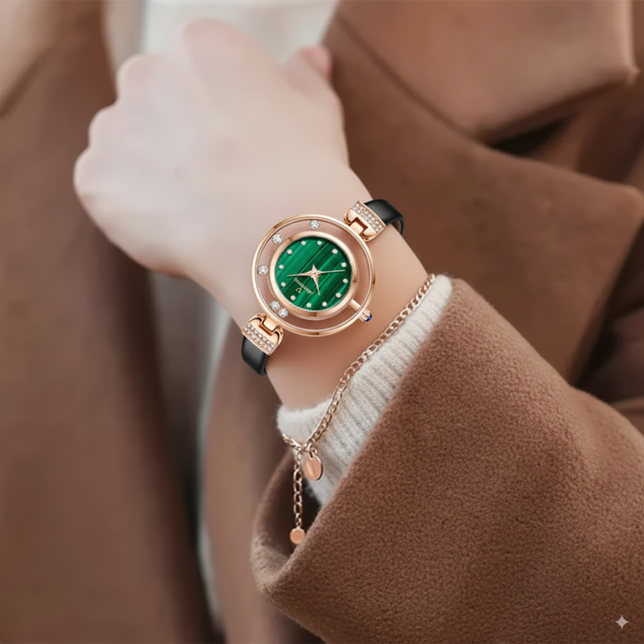 Mark Fairwhale 3260 AURELIA women’s luxury quartz malachite diamond watch with black strap on display