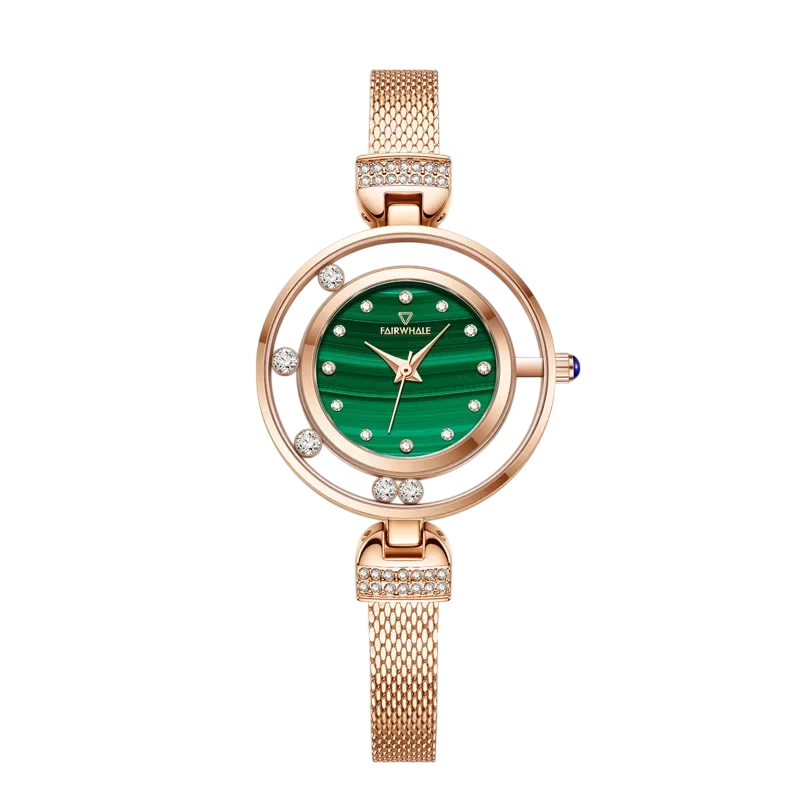 Mark Fairwhale 3260 AURELIA women’s luxury quartz watch with malachite green dial and rose gold bracelet close-up