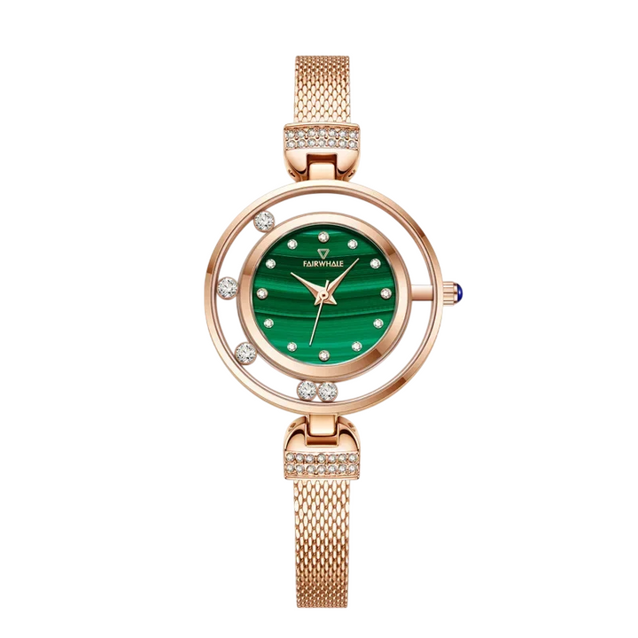 Mark Fairwhale 3260 AURELIA women’s luxury quartz watch with malachite green dial and rose gold bracelet close-up