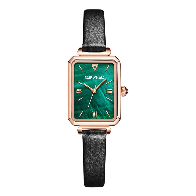 Mark Fairwhale 3270 VERDIA women’s rectangular green dial watch with black leather strap