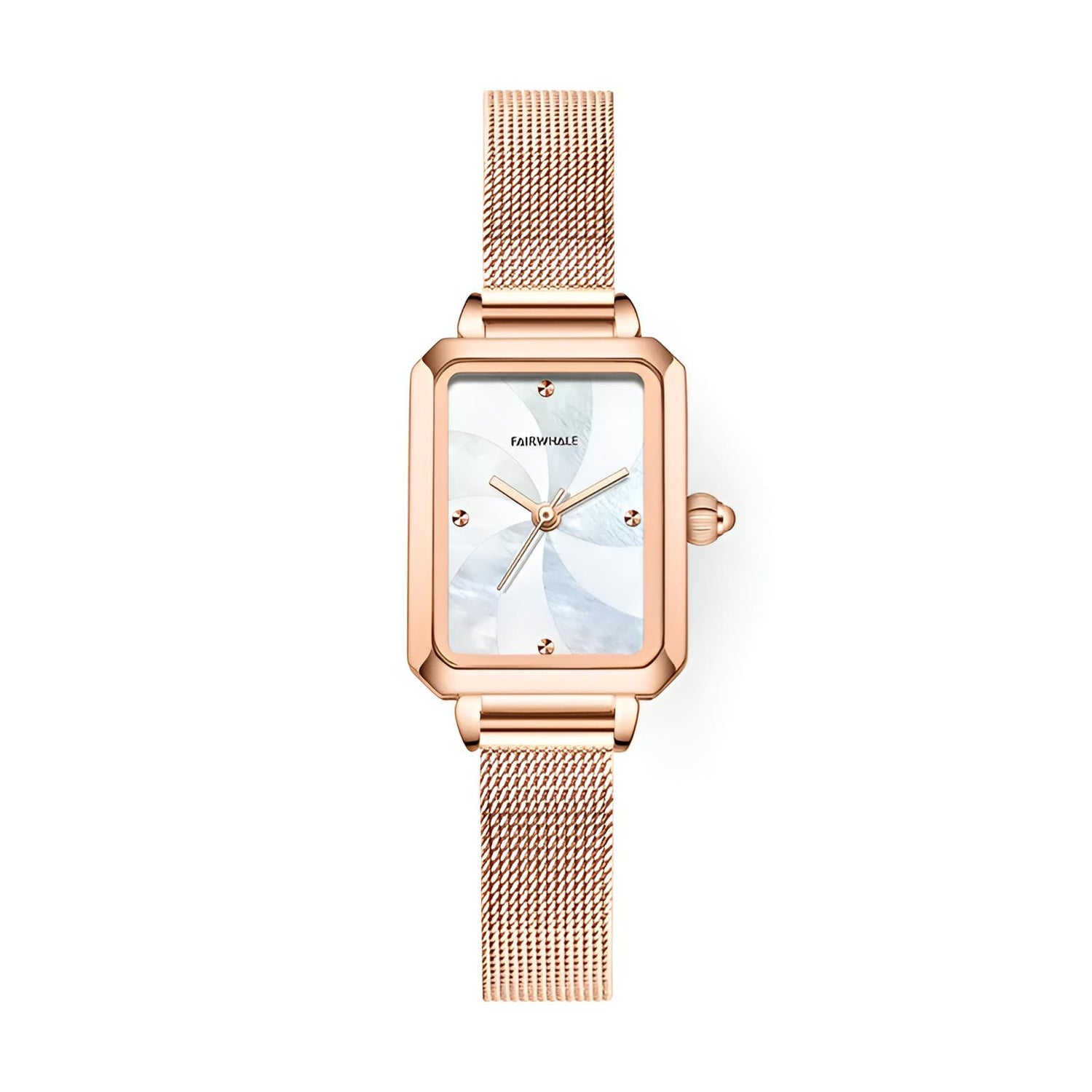 Mark Fairwhale 3290 NOVEA women’s vintage square watch with rose gold case and rose gold leather strap, styled among pearls and golden glitter