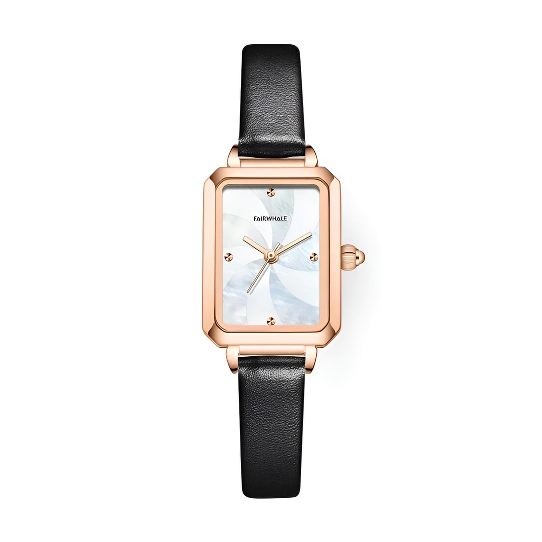 Mark Fairwhale 3290 NOVEA women’s vintage square watch with rose gold case and black leather strap, styled among pearls and golden glitter