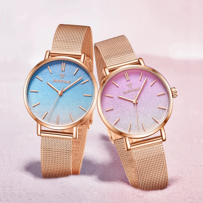 Mark Fairwhale 3310 LUNAE Celeste Glow women’s watch with blue gradient dial and rose gold mesh strap