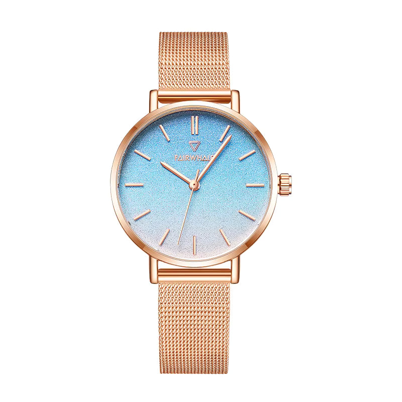 Mark Fairwhale 3310 LUNAE women’s minimalist blue dial quartz watch with rose gold Milanese strap on wrist