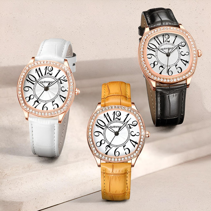Mark Fairwhale 3440 ORIKA women’s watch – white, black, and yellow leather straps – showcasing versatility and creative fashion appeal